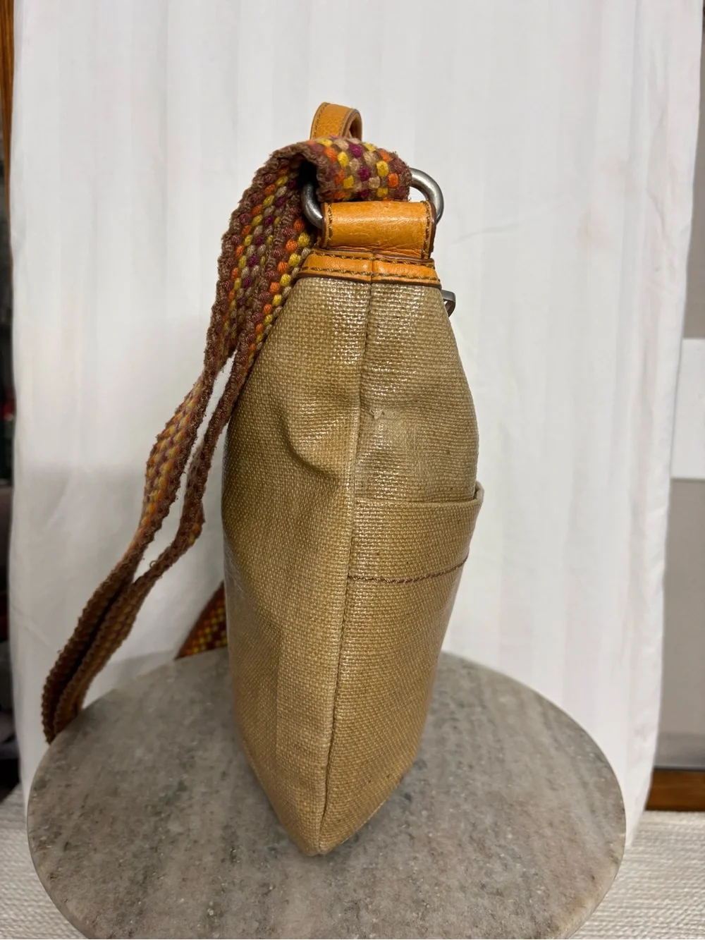 Fossil Tan Canvas Tote with Leather Trim and Multicolor Woven Strap